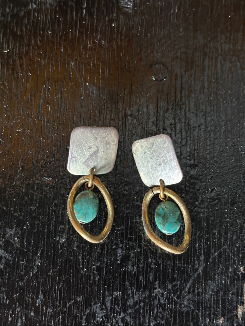 Marjorie Baer Turquoise Accent Drop Earrings in Antique Gold and Silver Vintage